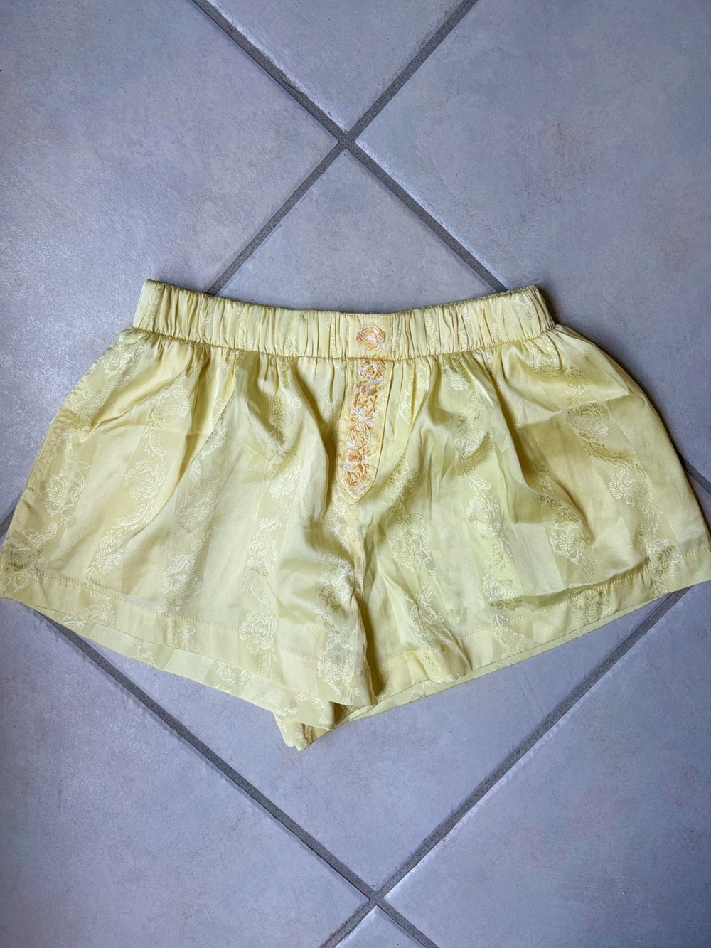Free People Yellow Satin Embroidered Lounge Shorts